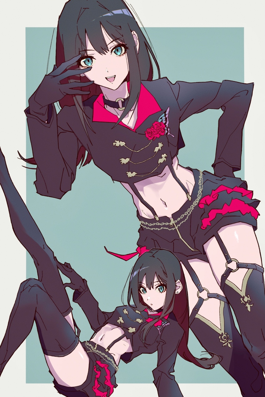 1girl, absurdres, black_choker, black_hair, black_shorts, bloom_into_me15, blue_eyes, boots