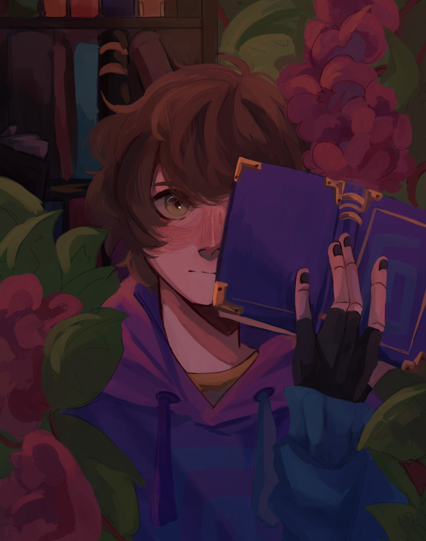 1boy, absurdres, animification, black_nails, blush, book, bookshelf, brown_eyes