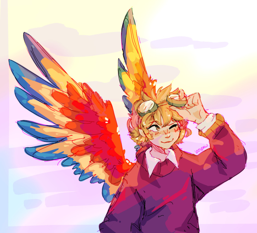 1boy, absurdres, animification, bird_boy, bird_wings, blonde_hair, blush, goggles