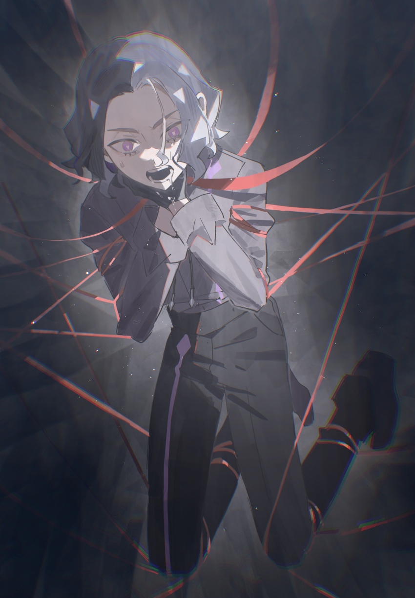 1boy, absurdres, amethio_(pokemon), black_gloves, bright_pupils, chromatic_aberration, commentary_request, full_body, gloves, grey_shirt, hands_up, hazel_maier, highres, long_sleeves, loose_hair_strand, male_focus, multicolored_hair, nintendo, open_mouth, pants, pokemon, pokemon_(anime), pokemon_horizons, purple_eyes, red_ribbon, ribbon, shirt, shoes, solo, sweatdrop, symbol-shaped_pupils, teeth, two-tone_hair