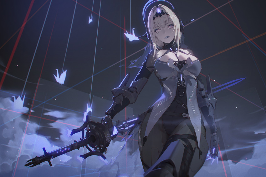 1girl, bianca:_stigmata_(pgr), bianca_(pgr), black_bodysuit, black_choker, black_hairband, black_leotard, black_veil