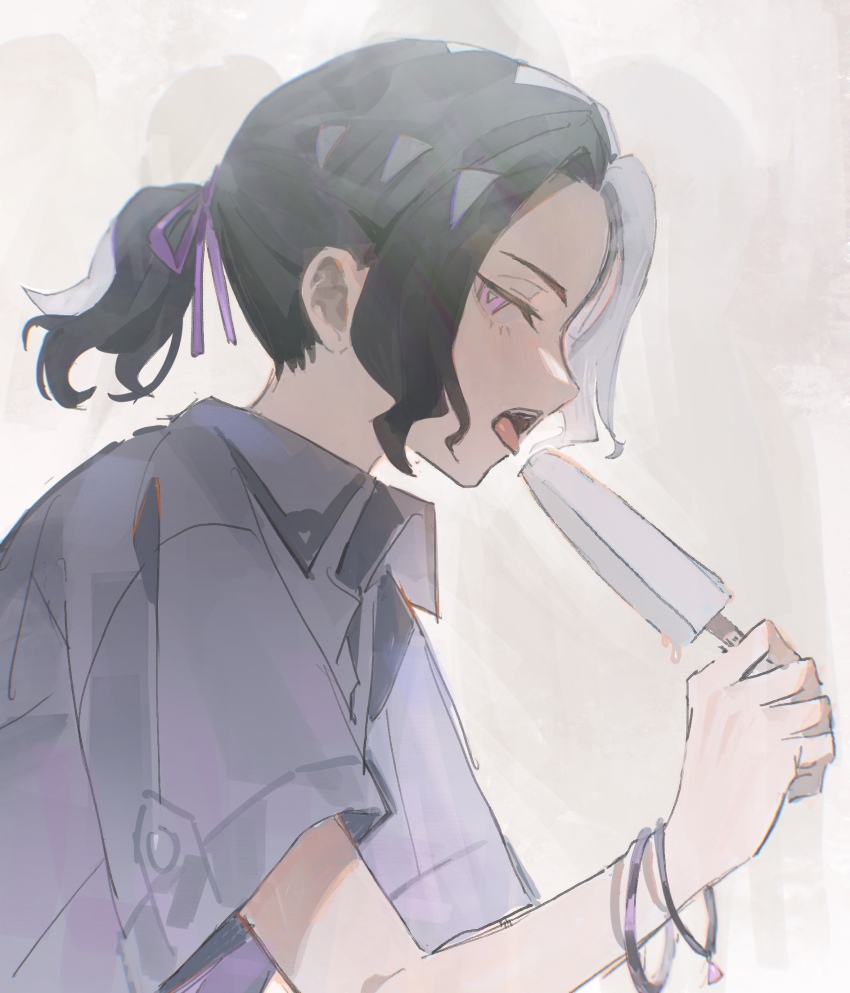 1boy, amethio_(pokemon), black_hair, bracelet, bright_pupils, collared_shirt, commentary_request, eating