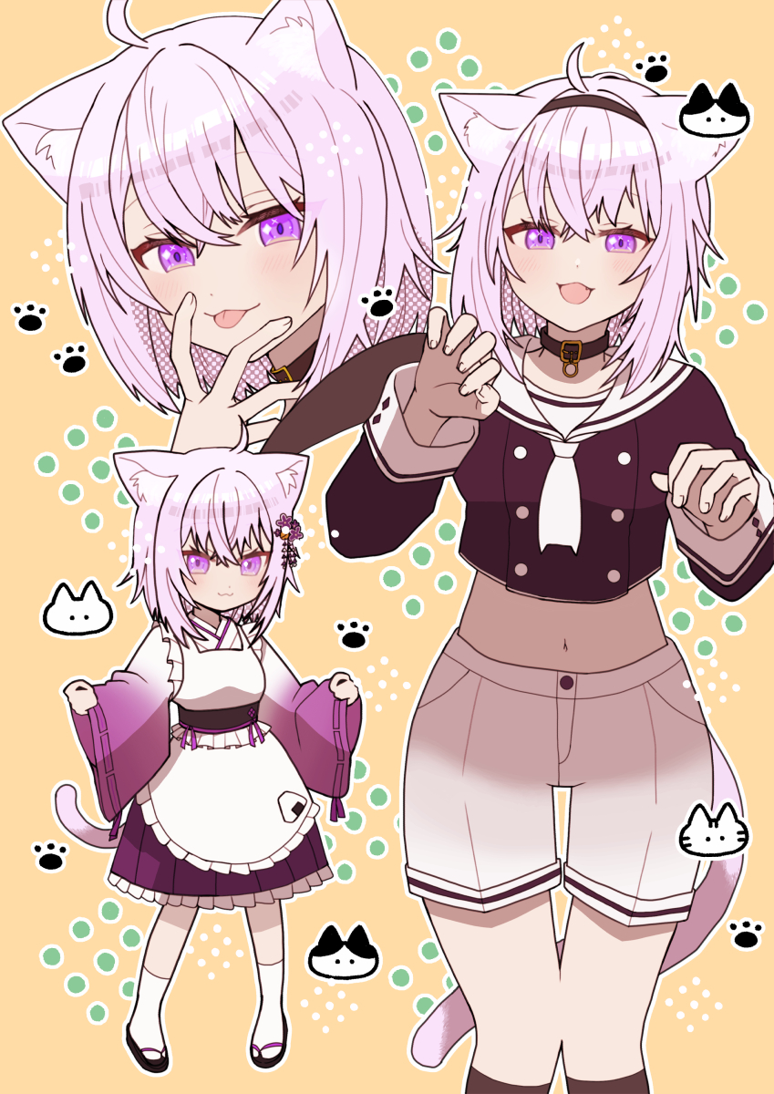 1girl, :p, ahoge, animal_ear_fluff, animal_ears, apron, black_collar, black_hairband