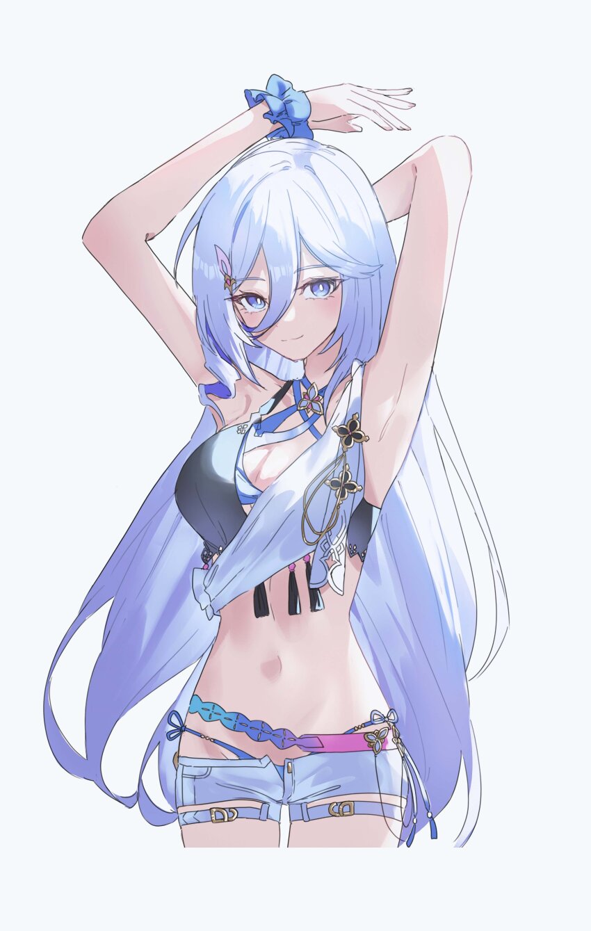 1girl, absurdres, armpits, arms_up, bikini, blue_bikini, bracelet, breasts