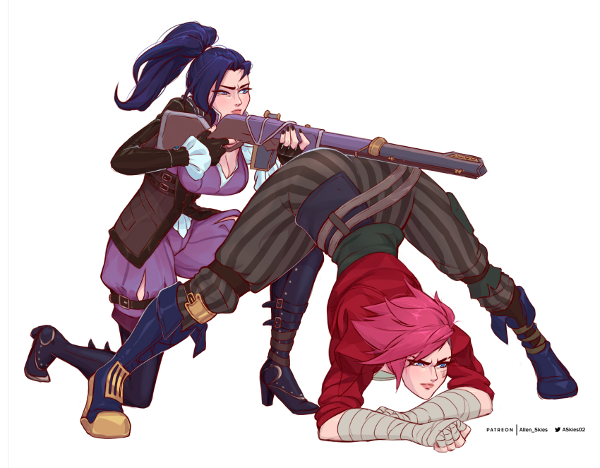 2girls, aiming, allen_skies, arcane:_league_of_legends, arcane_caitlyn, arcane_vi, arm_rest, artist_name