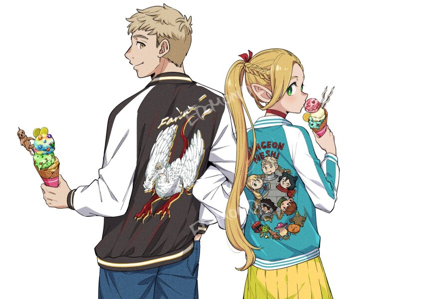 1boy, 1girl, blonde_hair, blue_jacket, bow, braid, centauroid, character_print, chilchuck_tims, chimera, choker, contemporary, copyright_name, denim, dryad_fruit_(dungeon_meshi), dungeon_meshi, eating, edomon-do, elf, falin_touden, falin_touden_(chimera), food, golem, green_eyes, green_skirt, hair_bow, hand_in_pocket, holding, holding_food, holding_ice_cream, ice_cream, ice_cream_cone, izutsumi, jacket, jeans, laios_touden, letterman_jacket, long_hair, looking_at_viewer, looking_back, mandrake, mandrake_(dungeon_meshi), marcille_donato, mimic, mimic_chest, pants, pointy_ears, ponytail, red_bow, red_choker, senshi_(dungeon_meshi), signature, simple_background, skirt, taur, very_long_hair, walking_mushroom_(dungeon_meshi), white_background