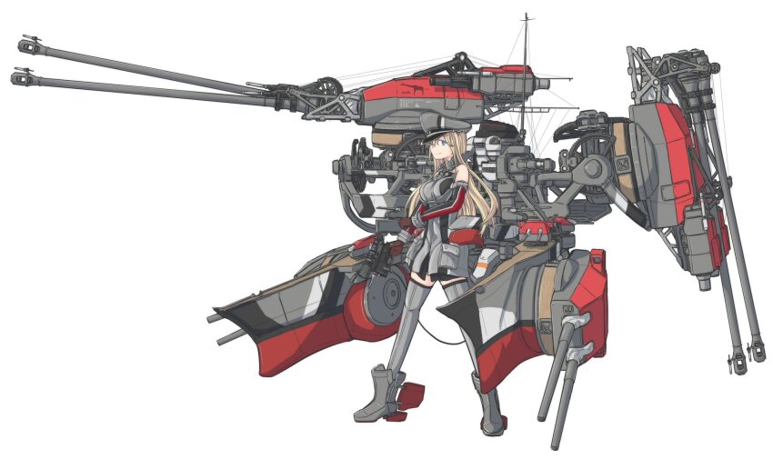 1girl, bismarck_(kancolle), blue_eyes, breasts, brown_gloves, cannon, commentary_request, cowboy_shot