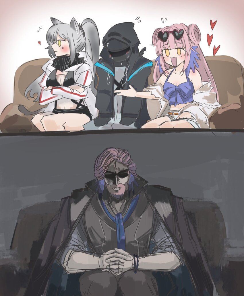 animal_ears, arknights, bird_girl, cat_ears, cat_girl, ceylon_(arknights), colorized, doctor_(arknights), dohri_rtsaid, father_and_child, father_and_daughter, glasses, herman_doykos_(arknights), highres, parent_and_child, schwarz_(arknights), tagme