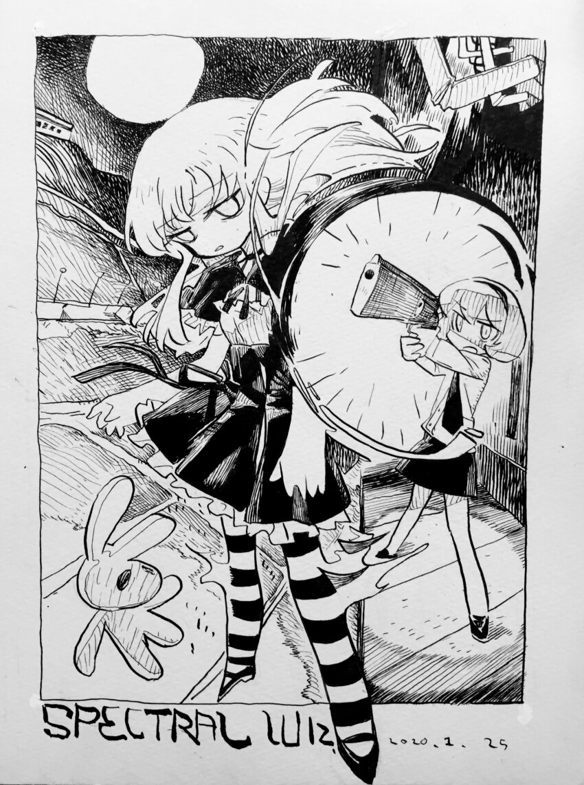 2girls, bags_under_eyes, behind_another, capelet, choker, commentary_request, copyright_name, crosshatching