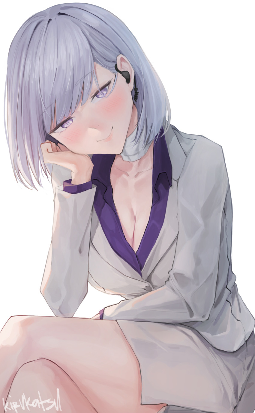 1girl, absurdres, artist_name, bandaged_neck, bandages, blush, breasts, business_suit