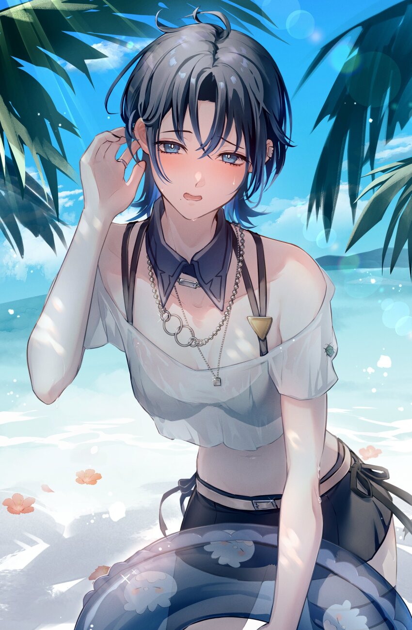 1girl, absurdres, beach, bikini, black_bikini, black_hair, blue_eyes, collar, flower, gonza_(kimura01), highres, hiodoshi_ao, hololive, hololive_dev_is, jewelry, navel, necklace, ocean, reverse_trap, ring, sand, solo, swim_ring, swimsuit, virtual_youtuber, wolf_cut
