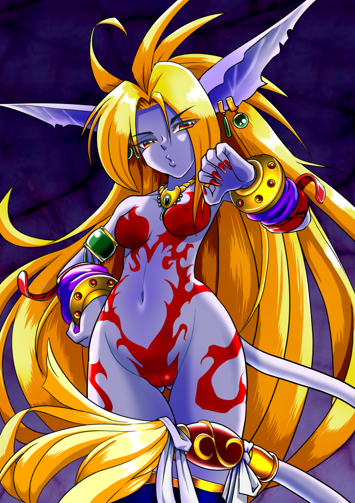 1girl, armlet, blonde_hair, blue_skin, bodypaint, breath_of_fire, breath_of_fire_ii, cameltoe, cat_tail, colored_skin, commentary_request, commission, completely_nude, covered_erect_nipples, cowboy, cowboy_shot, cowboy_western, detached_sleeves, earrings, floating_earrings, from_below, gold_choker, hand_on_own_hip, hiro68, indoors, jewelry, katt_(breath_of_fire), long_hair, looking_at_viewer, looking_down, navel, nude, pointy_ears, puckered_lips, red_nails, skeb_commission, solo, stomach, stone_wall, strap, tail, tail_ornament, tail_ring, thighhighs, very_long_ears, very_long_hair, western, yellow_eyes