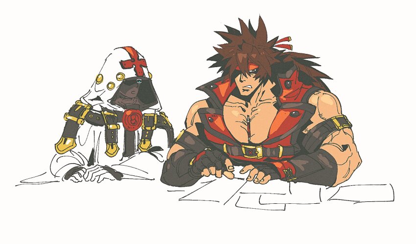 1boy, bara, brown_hair, character_request, cross, cross_print, fingerless_gloves, gloves