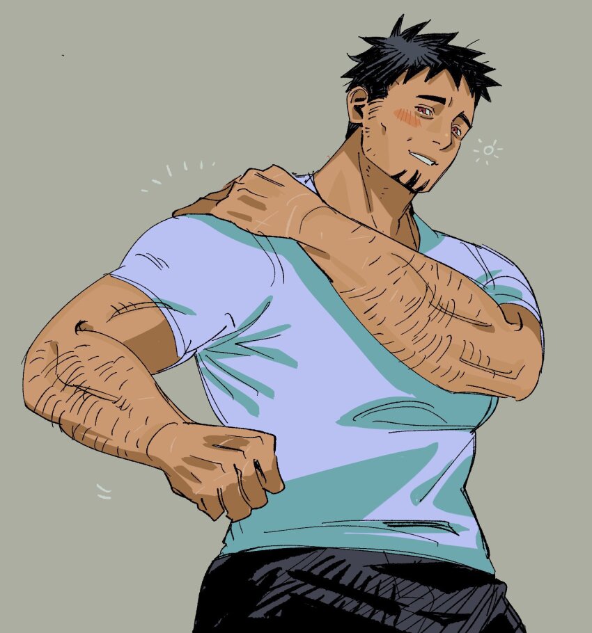 1boy, bara, black_hair, blush, cowboy_shot, facial_hair, furrowed_brow, goatee