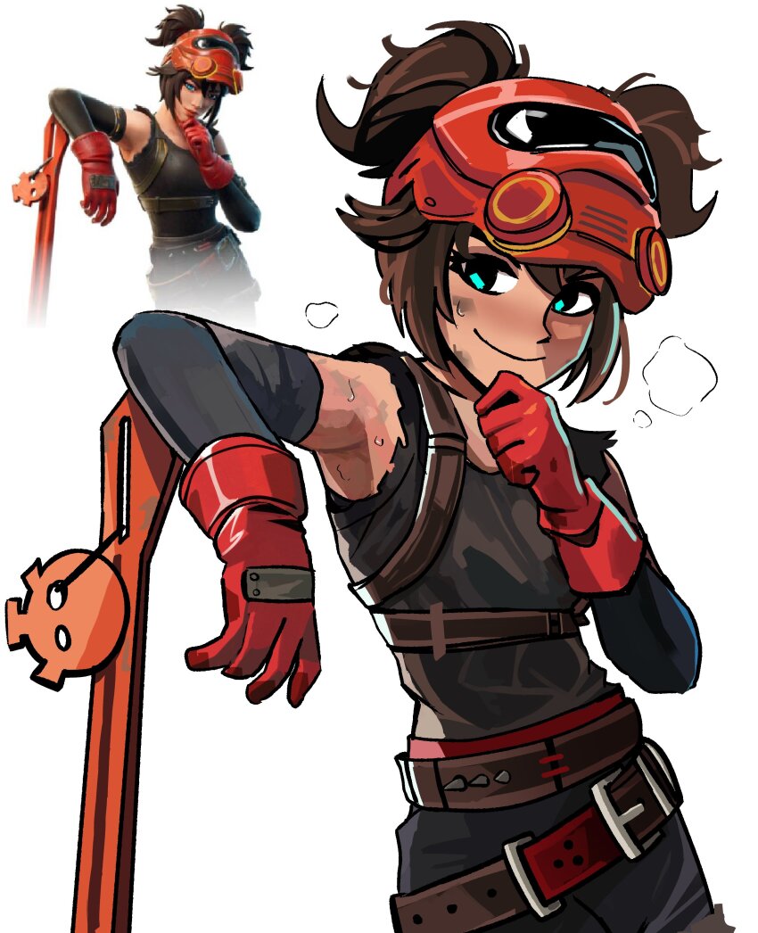 1girl, absurdres, aqua_eyes, belt, brown_belt, brown_hair, brown_shirt, commentary