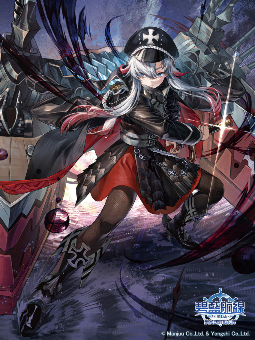 1girl, aiguillette, azur_lane, black_coat, black_footwear, black_hat, black_pantyhose, blue_eyes