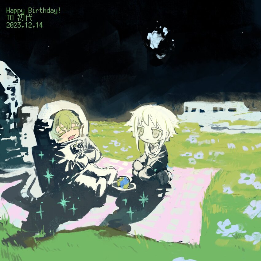 astronaut, black_sky, character_request, chibi, closed_eyes, coffee_mug, copyright_request, cup, dated, grass, green_hair, grey_eyes, happy_birthday, highres, light_smile, looking_at_another, mug, night, on_ground, open_mouth, original, outdoors, picnic, rottencrow, seiza, sitting, sky, smile, white_hair