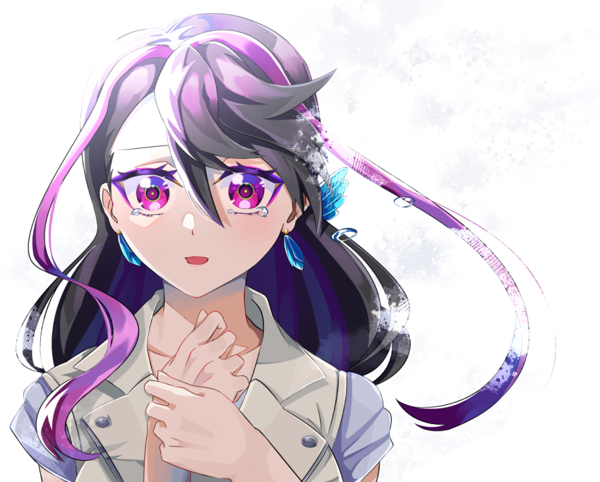 1girl, black_hair, collarbone, earrings, jewelry, kurosaki_ruri, long_hair, multicolored_hair