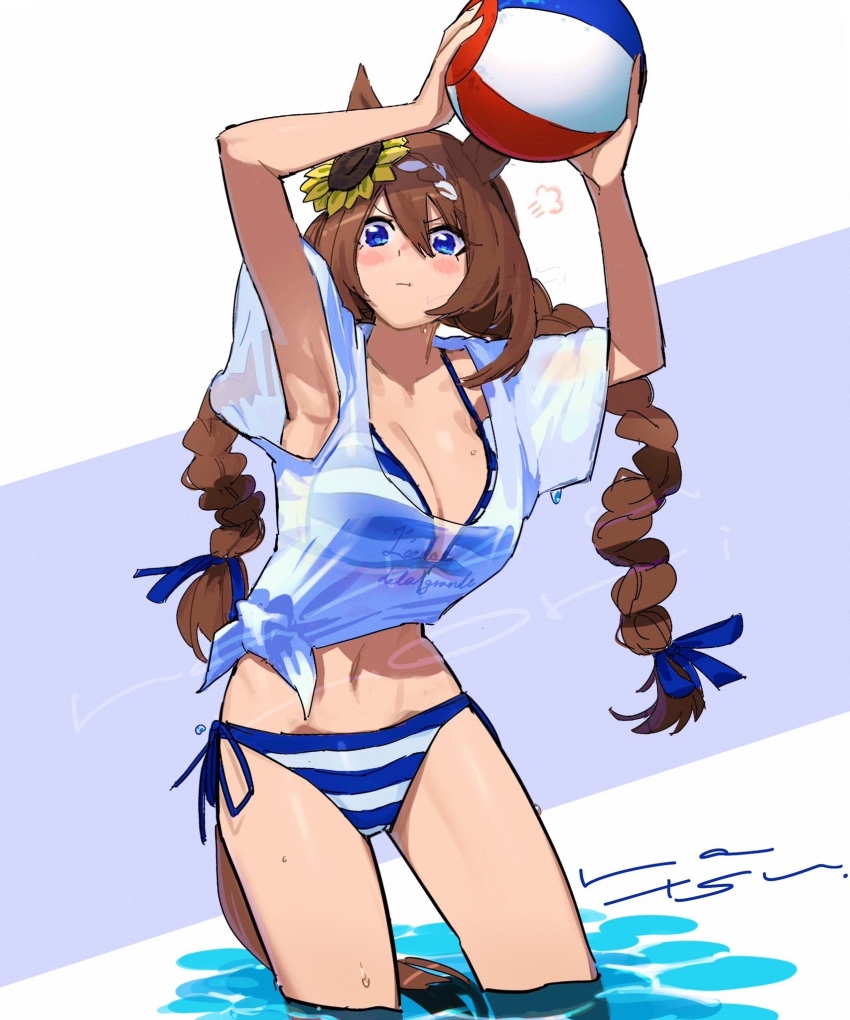 1girl, alternate_costume, alternate_hairstyle, animal_ears, armpits, arms_up, ball, beachball