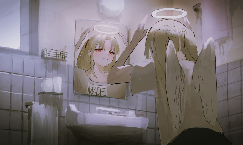 1girl, :|, absurdres, adjusting_halo, angel, angel_wings, bathroom, blonde_hair