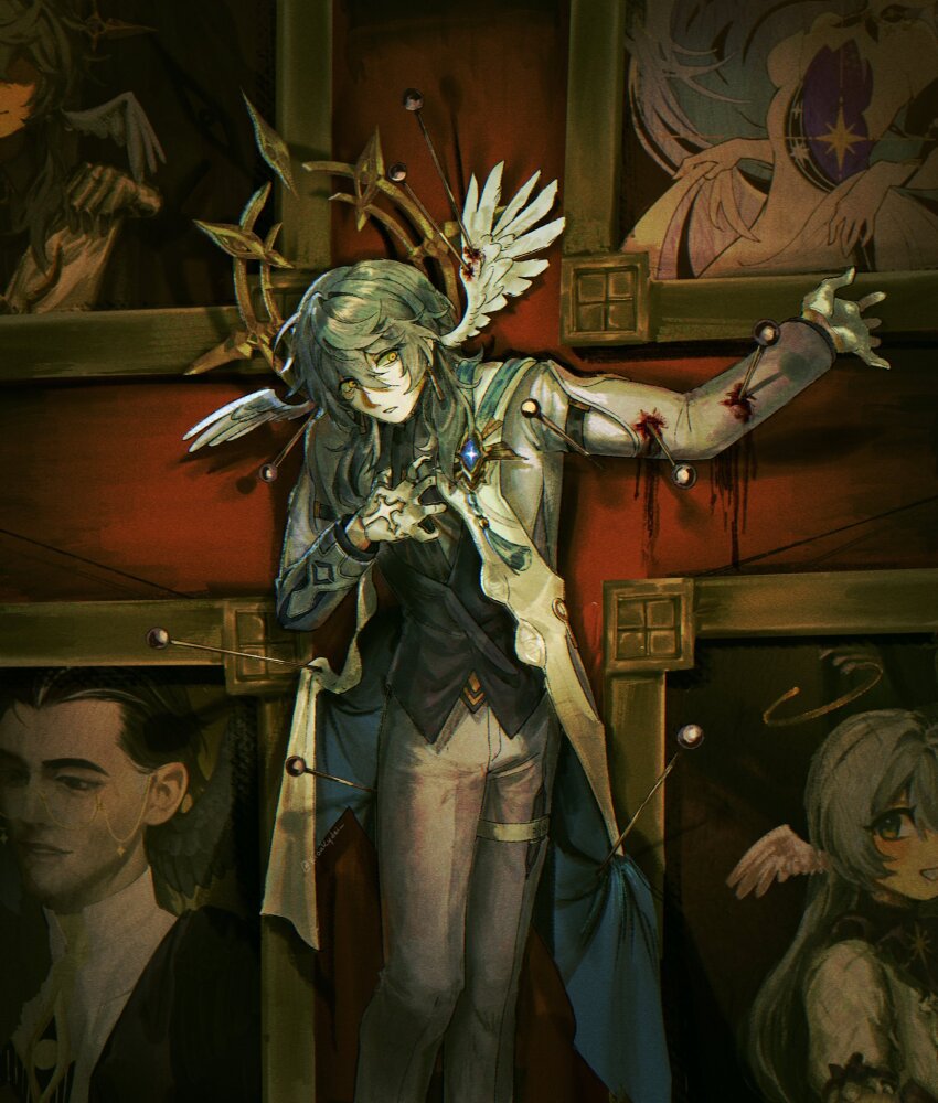 1boy, blood, blue_hair, blue_vest, clutching_chest, coat, gopher_wood, grey_hair