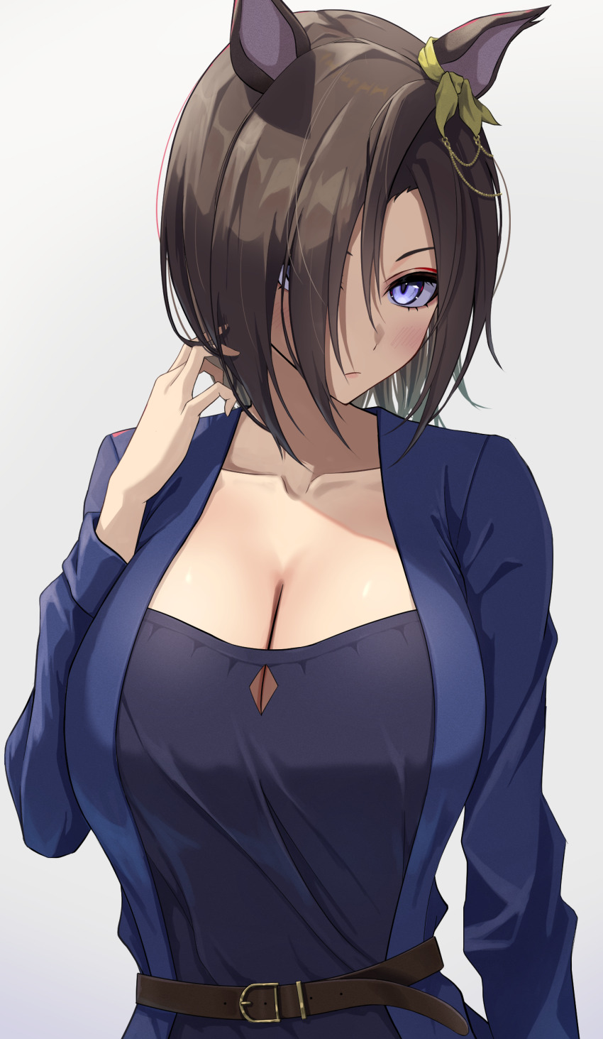 1girl, absurdres, air_groove_(casual)_(umamusume), air_groove_(umamusume), animal_ears, azuki_(azuki_azukki), belt, blue_jacket, blue_shirt, breasts, brown_belt, brown_hair, cleavage, closed_mouth, collarbone, commentary_request, ear_ornament, highres, horse_ears, horse_girl, jacket, large_breasts, long_sleeves, official_alternate_costume, open_clothes, open_jacket, purple_eyes, shirt, short_hair, simple_background, solo, umamusume, upper_body, white_background