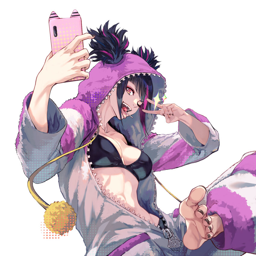 1girl, absurdres, black_bra, black_hair, black_nails, blunt_bangs, border, bra, breasts, candy, cleavage, collarbone, food, full-length_zipper, hair_through_hood, han_juri, highres, holding, holding_phone, hood, hoodie, large_breasts, lollipop, long_sleeves, looking_at_viewer, multicolored_hair, navel, one_eye_closed, onesie, open_pajamas, pajamas, phone, pink_pajamas, pom_pom_(clothes), purple_eyes, purple_hair, rinzo, silk, simple_background, smile, solo, spider_web, streaked_hair, street_fighter, tongue, tongue_out, underwear, v, white_background, white_border, wide_sleeves, zipper, zipper_pull_tab