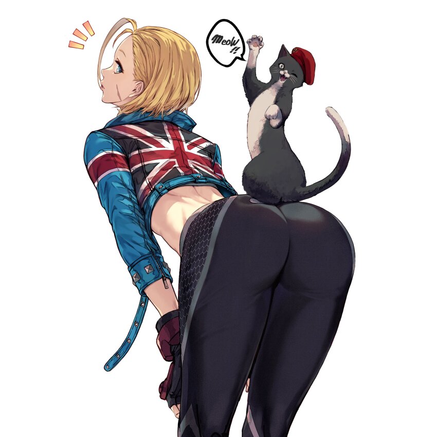 1girl, absurdres, ass, bending, beret, black_sports_bra, blonde_hair, blue_eyes, cammy_white, capcom, cat, cat_on_ass, cropped_jacket, curious, fingerless_gloves, gloves, hands_on_own_knees, hat, highres, jacket, leather, leather_jacket, looking_back, meowing, pants, red_hat, rinzo, scar, scar_on_face, short_hair, solo, speech_bubble, sports_bra, street_fighter, street_fighter_6, tight_clothes, tight_pants, union_jack
