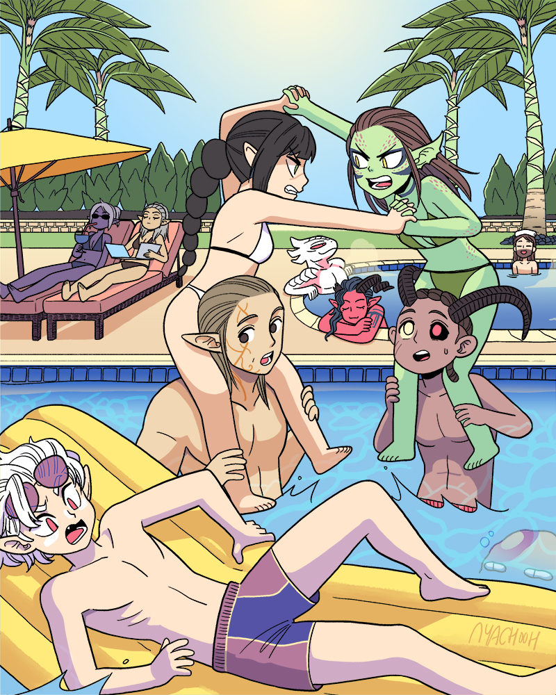 astarion, baldur's_gate, baldur's_gate_3, bikini, braid, broken_horn, colored_skin, dark_elf