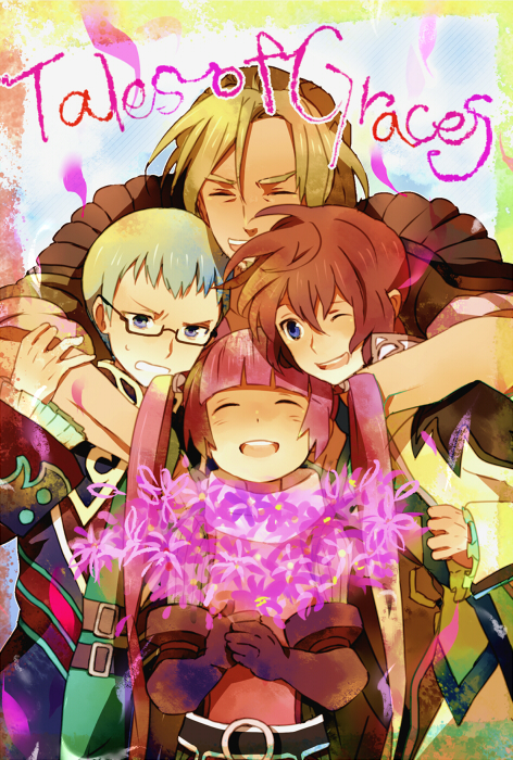 1girl, 3boys, asbel_lhant, blue_eyes, blue_hair, brothers, brown_hair, copyright_name, flower, glasses, gloves, hubert_ozwell, hug, iroha_(iroha66), malik_caesars, multiple_boys, purple_hair, siblings, smile, sophie_(tales), tales_of_(series), tales_of_graces, twintails, wince