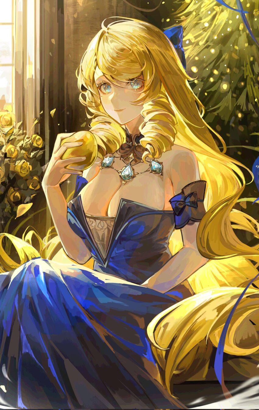 0ishur, apple, aqua_eyes, bare_shoulders, blonde_hair, blue_dress, breasts, cleavage, curly_hair, dress, food, fruit, genshin_impact, golden_apple, hair_ribbon, highres, holding, holding_food, holding_fruit, long_hair, navia_(genshin_impact), plant, ribbon, strapless, strapless_dress, very_long_hair, window