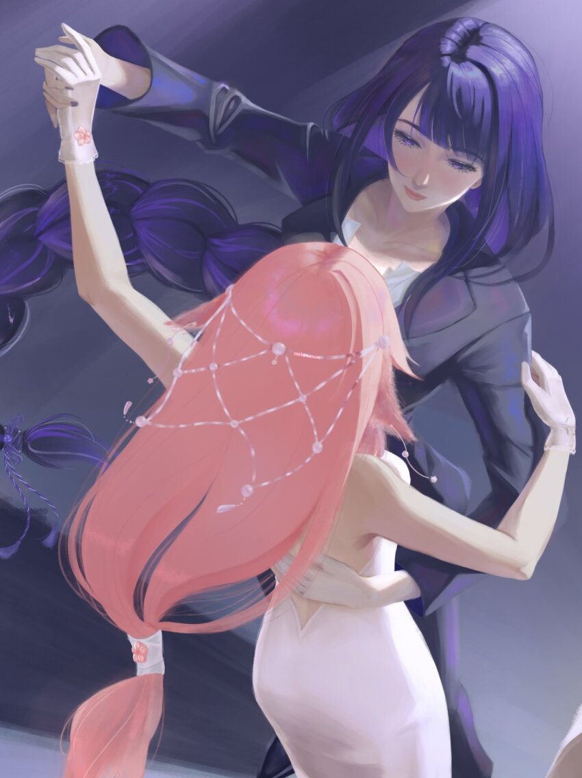 2girls, acheron_(boundless_choreo)_(honkai:_star_rail), acheron_(honkai:_star_rail), acheron_(honkai:_star_rail)_(cosplay), black_jacket, black_swan_(boundless_choreo)_(honkai:_star_rail), black_swan_(honkai:_star_rail), black_swan_(honkai:_star_rail)_(cosplay)