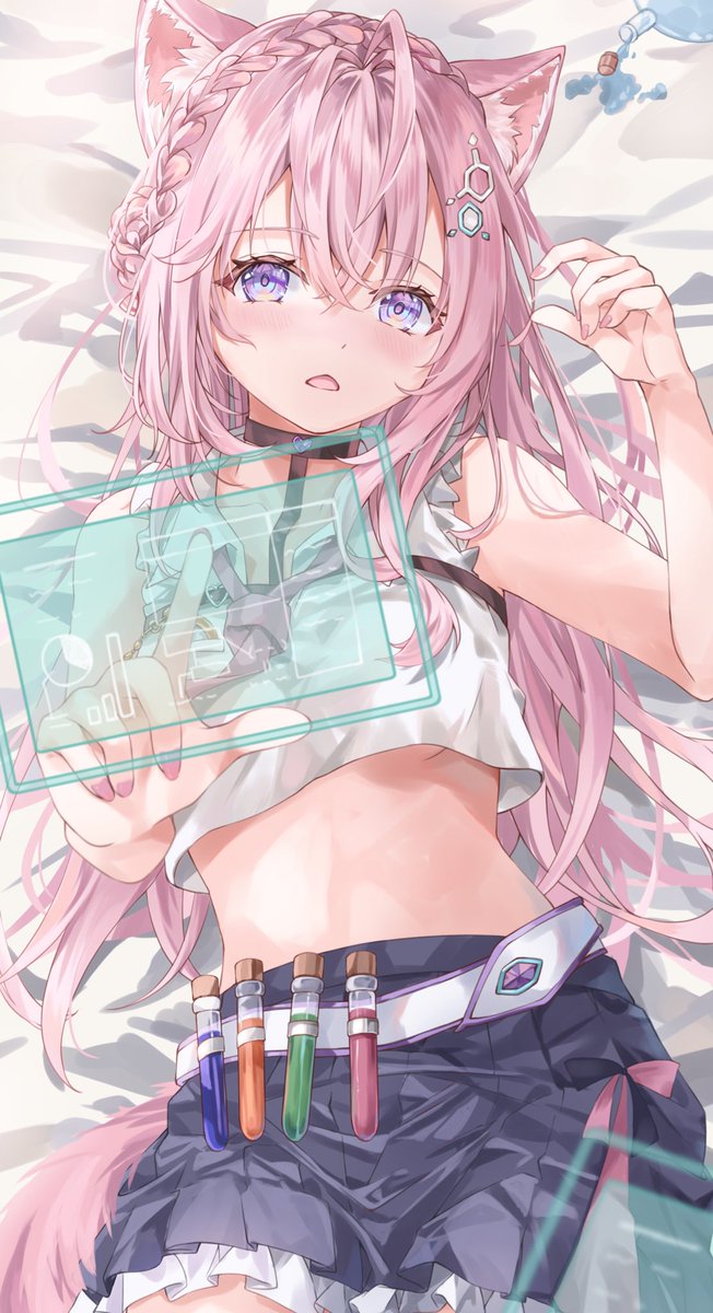 ahoge, animal_ears, arm_up, braid, breasts, cat_ears, hair_ornament, hakui_koyori, highres, holographic_touchscreen, hololive, long_hair, lying, midriff, miniskirt, on_back, petticoat, pink_hair, pink_nails, purple_eyes, skirt, small_breasts, spill, tail, tsumugi-t, underboob, vial, virtual_youtuber