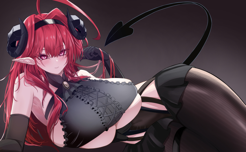 1girl, absurdres, azur_lane, black_background, black_gloves, black_hairband, black_horns, breasts