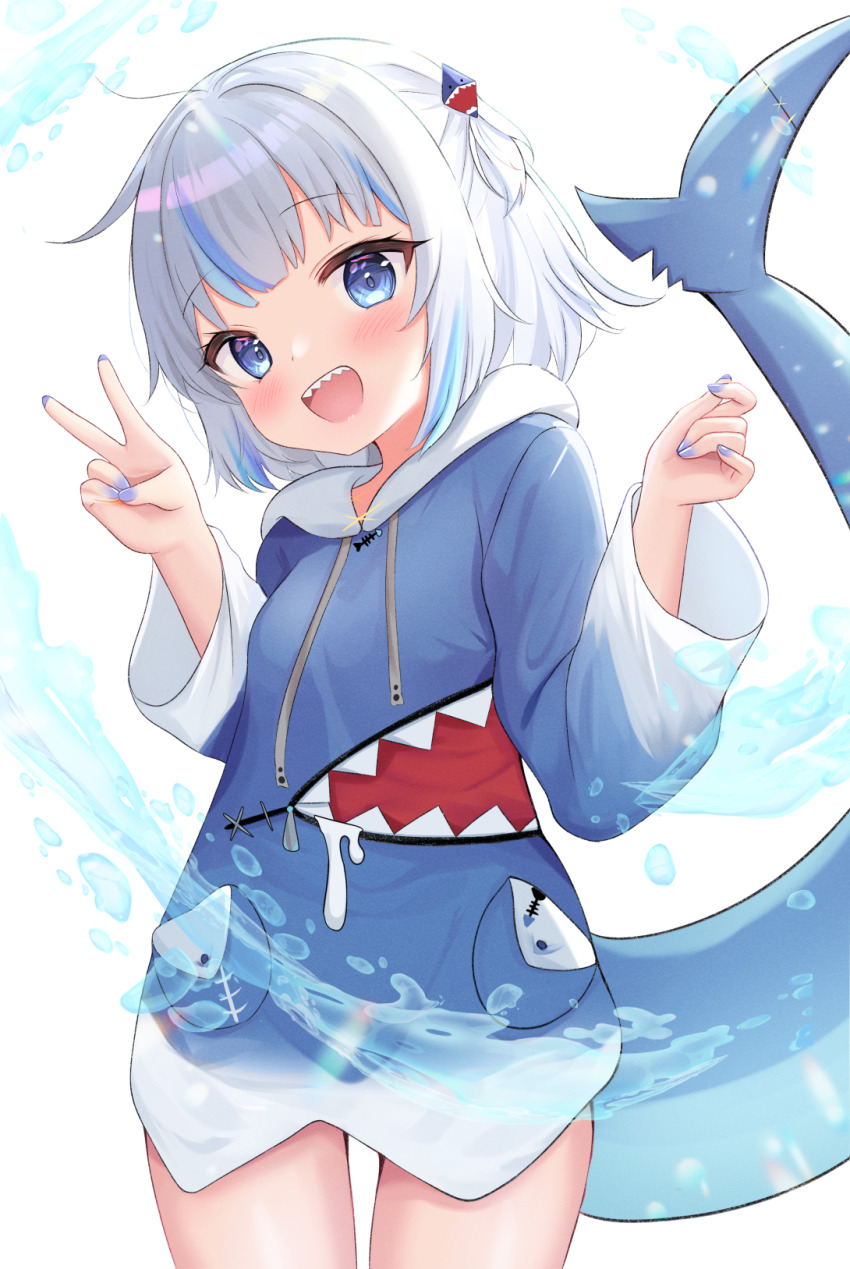 1girl, blue_eyes, blush, fins, fish_tail, gawr_gura, hair_ornament, highres