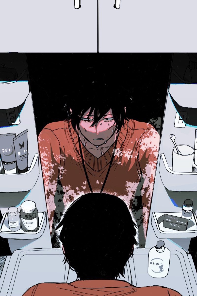 1boy, bags_under_eyes, bathroom, black_hair, constricted_pupils, electrical_outlet, from_behind, hair_between_eyes