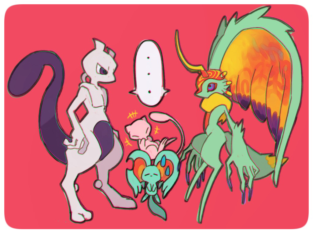 ..., animal_ears, antlers, cat_ears, cat_tail, claws, crossover, elfilin, fecto_elfilis, full_body, furry, gen_1_pokemon, horns, kashiwa_(ksw04270mochi), kirby_(series), kirby_and_the_forgotten_land, legendary_pokemon, mew_(pokemon), mewtwo, multicolored_eyes, mythical_pokemon, nintendo, notched_ear, pokemon, pokemon_(creature), purple_eyes, red_background, tail