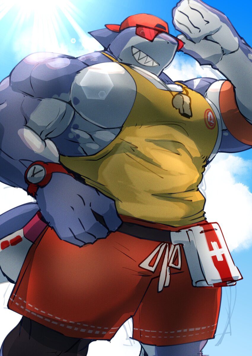 1boy, absurdres, armband, backwards_hat, bara, baseball_cap, belt, black_belt, blue_skin, colored_skin, cowboy_shot, fins, first_aid_kit, fish_tail, fortnite, from_below, furry, furry_male, grin, hand_up, hat, highres, large_pectorals, lifeguard, looking_at_viewer, male_focus, male_swimwear, megaphone, multicolored_skin, muscular, muscular_arms, muscular_male, non-circular_lens_flare, pectorals, red-tinted_eyewear, red_armband, red_hat, red_male_swimwear, shark_boy, shark_fin, shark_tail, sharkinn, sharp_teeth, sidepec, sketch, sky, smile, solo, steve_(fortnite), sunlight, tail, tank_top, teeth, tinted_eyewear, two-tone_skin, watch, whistle, whistle_around_neck, wristwatch, yellow_tank_top