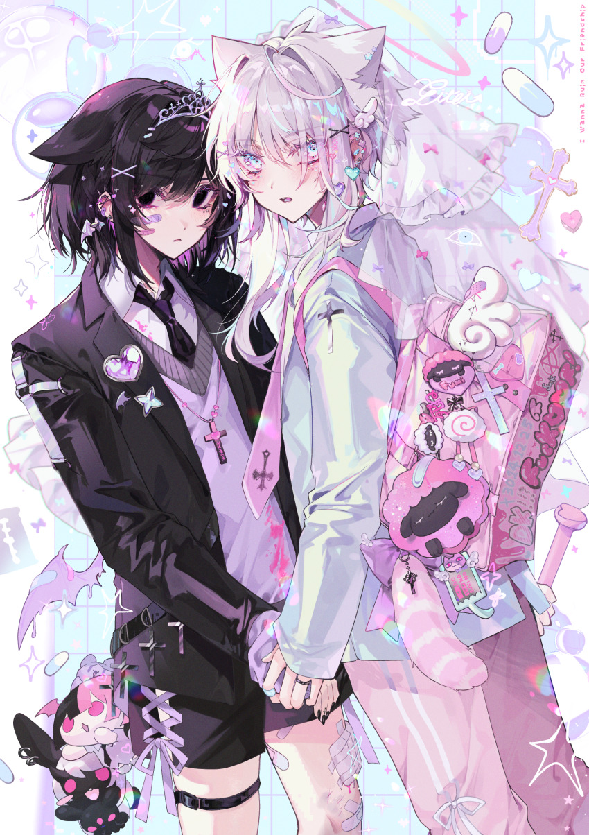 2boys, absurdres, aegyo_sal, ahoge, androgynous, animal_charm, animal_ears, aqua_background