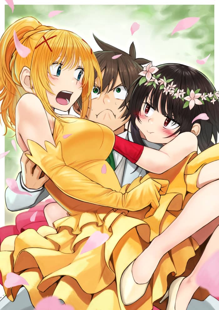 1boy, 2girls, bad_source, black_hair, blonde_hair, brown_hair, cherry_blossoms, darkness_(konosuba)