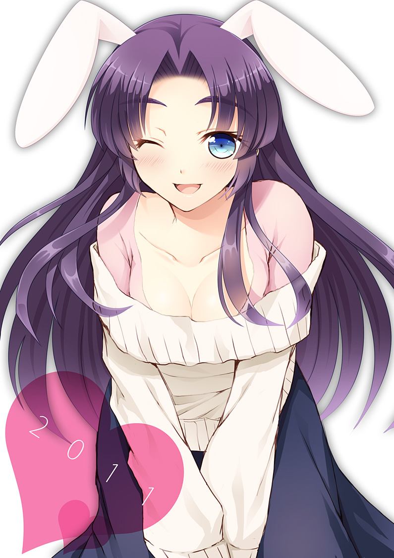 10s, 1girl, 2011, :d, animal_ears, asakura_ryoko, blue_eyes, blush, breasts, cleavage, eyebrows, female_focus, heart, long_hair, minase_kuuru, off_shoulder, one_eye_closed, open_mouth, purple_hair, rabbit_ears, smile, solo, suzumiya_haruhi_no_yuuutsu, sweater, wink