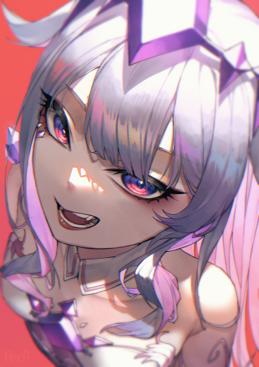 1girl, absurdres, arupaoka, bare_shoulders, blurry, center-flap_bangs, chest_jewel, circlet