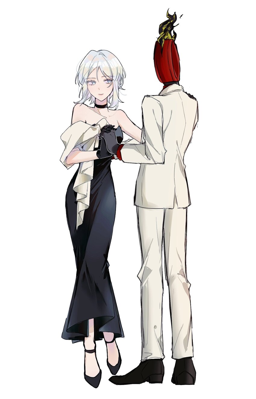 1girl, 1other, aojiru_oisiiiii, bare_shoulders, black_choker, black_dress, black_footwear, black_gloves