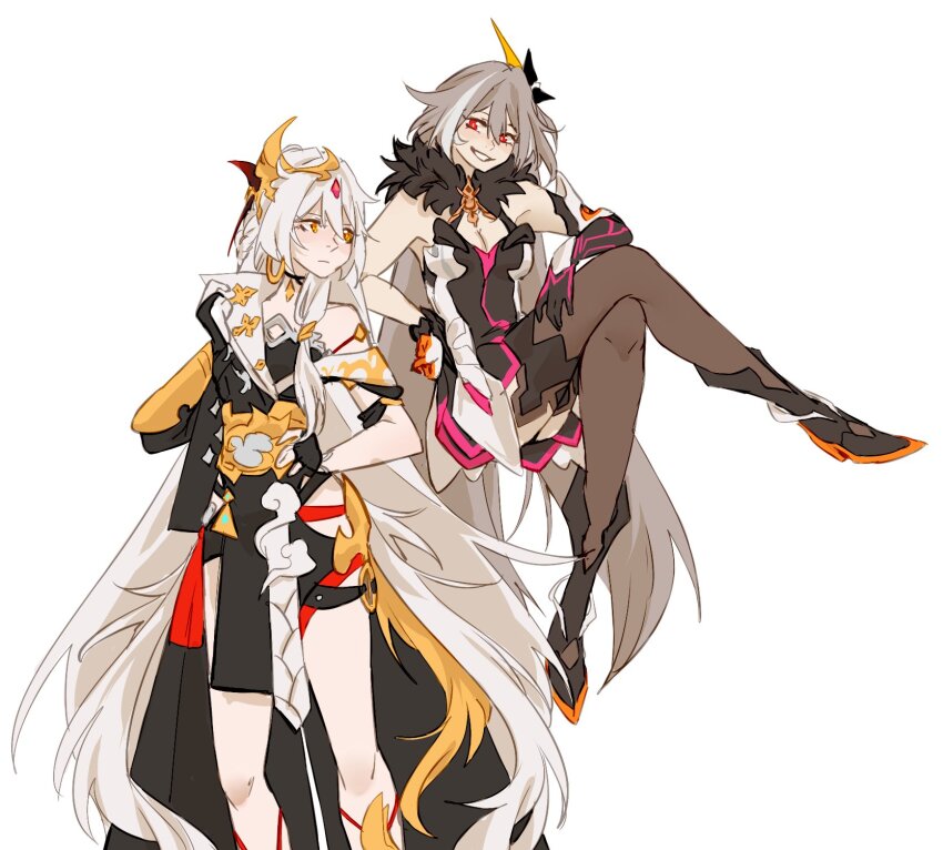 2girls, black_dress, black_footwear, brown_thighhighs, cloud_ya, cosplay, costume_switch, crossed_legs