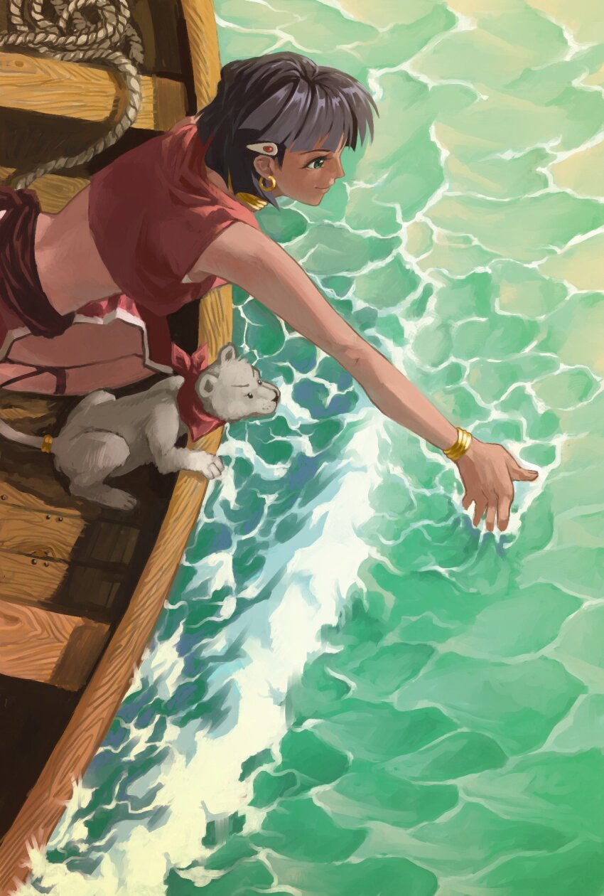 1girl, bare_back, bare_shoulders, belt, black_hair, blunt_ends, boat, bob_cut, bracelet, brown_belt, brown_footwear, brown_sash, closed_mouth, cody_bunt, commentary, cropped_vest, cross-laced_sandals, dark-skinned_female, dark_skin, earrings, from_above, fushigi_no_umi_no_nadia, gold_bracelet, gold_earrings, green_eyes, hair_ornament, hairclip, highres, hoop_earrings, jewelry, king_(nadia), kneeling, leaning_forward, lion_cub, looking_ahead, mame_moyashi, nadia_la_arwall, neck_ring, neckerchief, ocean, on_boat, on_vehicle, open_clothes, open_vest, outstretched_arm, partially_submerged, pelvic_curtain, reaching, red_neckerchief, red_vest, rope, short_hair, sleeveless, smile, solo, tail, tail_ornament, tail_ring, v-shaped_eyebrows, vest, water, waves