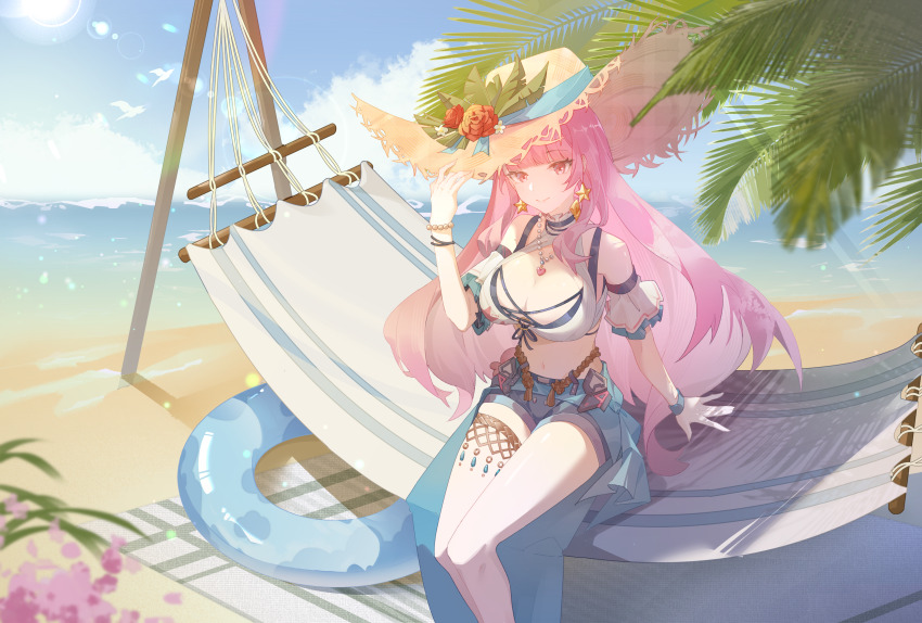 1girl, absurdres, adjusting_clothes, adjusting_headwear, alternate_costume, ayla:_kaleido_(blue_crush)_(pgr), ayla_(pgr), bare_legs