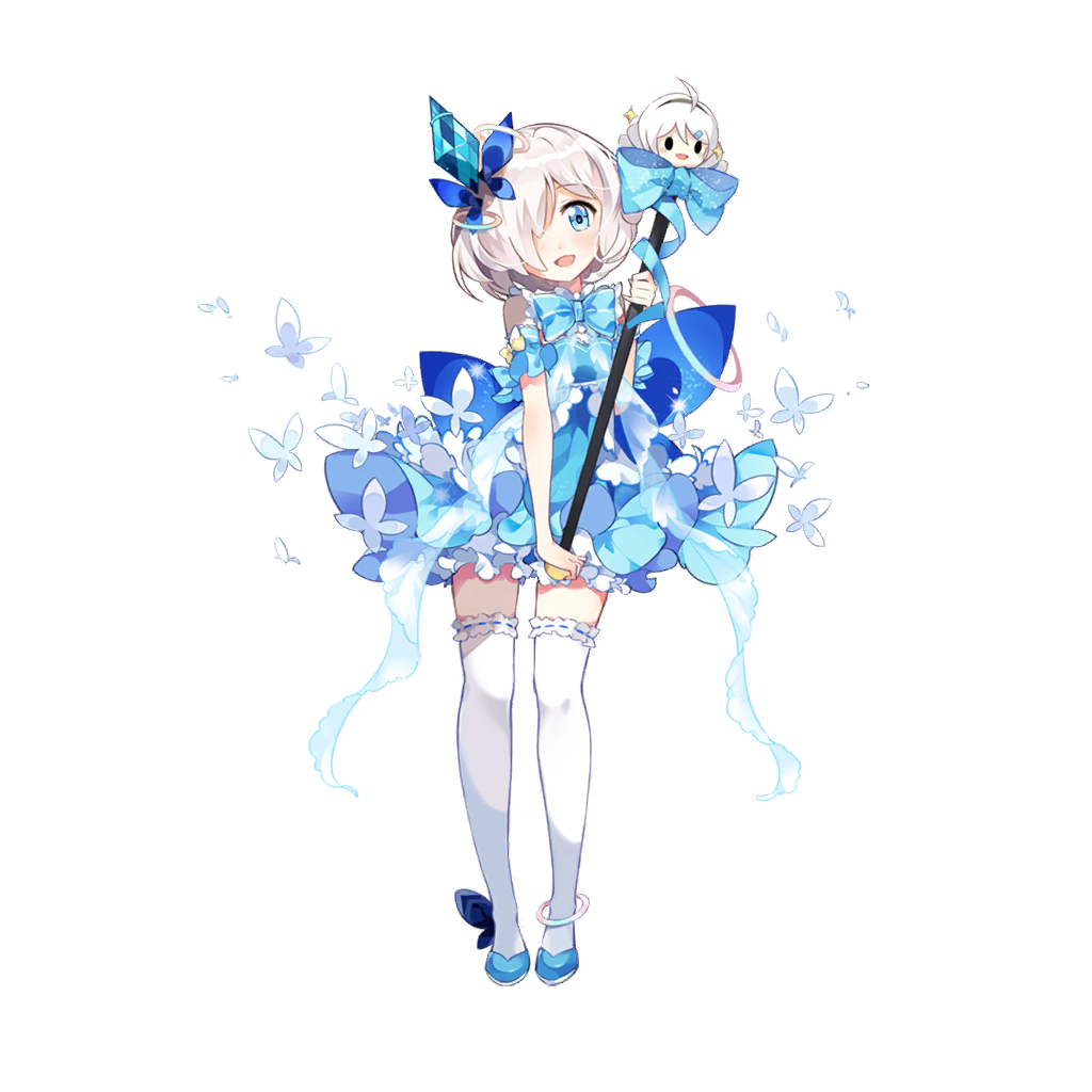 1girl, bare_shoulders, blue_dress, blue_eyes, blue_shoes, dress, full_body, hair_ornament, hair_over_one_eye, holding, holding_staff, honkai_(series), honkai_gakuen, idol, kiana_kaslana, official_art, open_mouth, shoes, silver_(honkai_gakuen), smile, solo, staff, thighhighs, third-party_source, transparent_background, white_hair, white_thighhighs