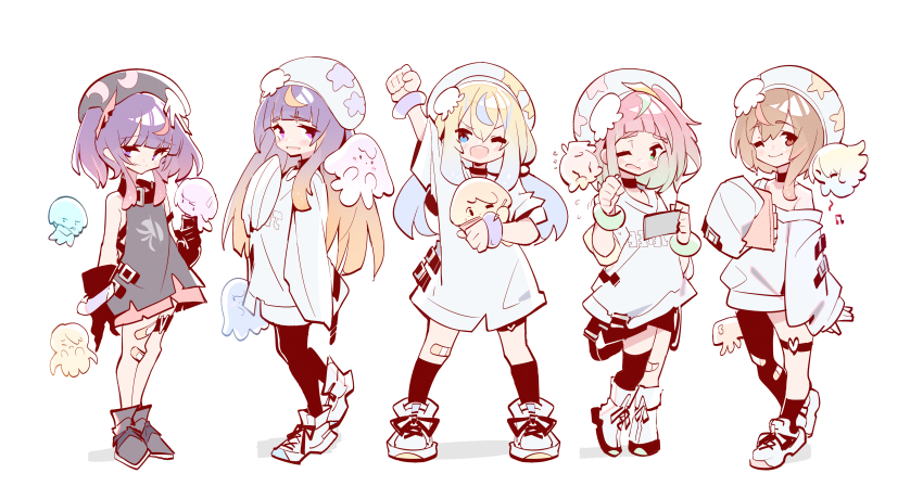 5girls, absurdres, arm_up, bandaid, bandaid_on_leg, beret, black_choker, black_gloves