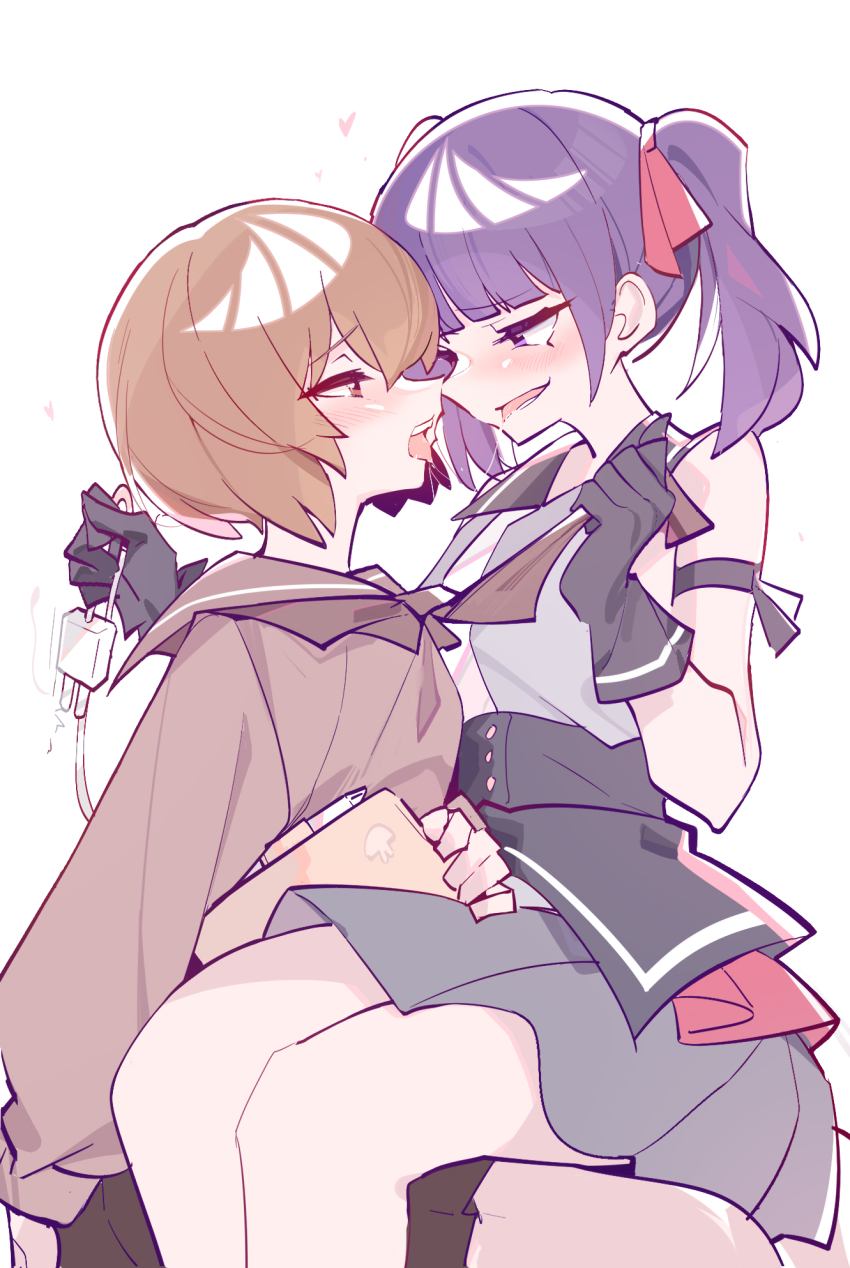 2girls, after_kiss, black_gloves, blush, brown_eyes, brown_hair, chinese_commentary, clothes_grab