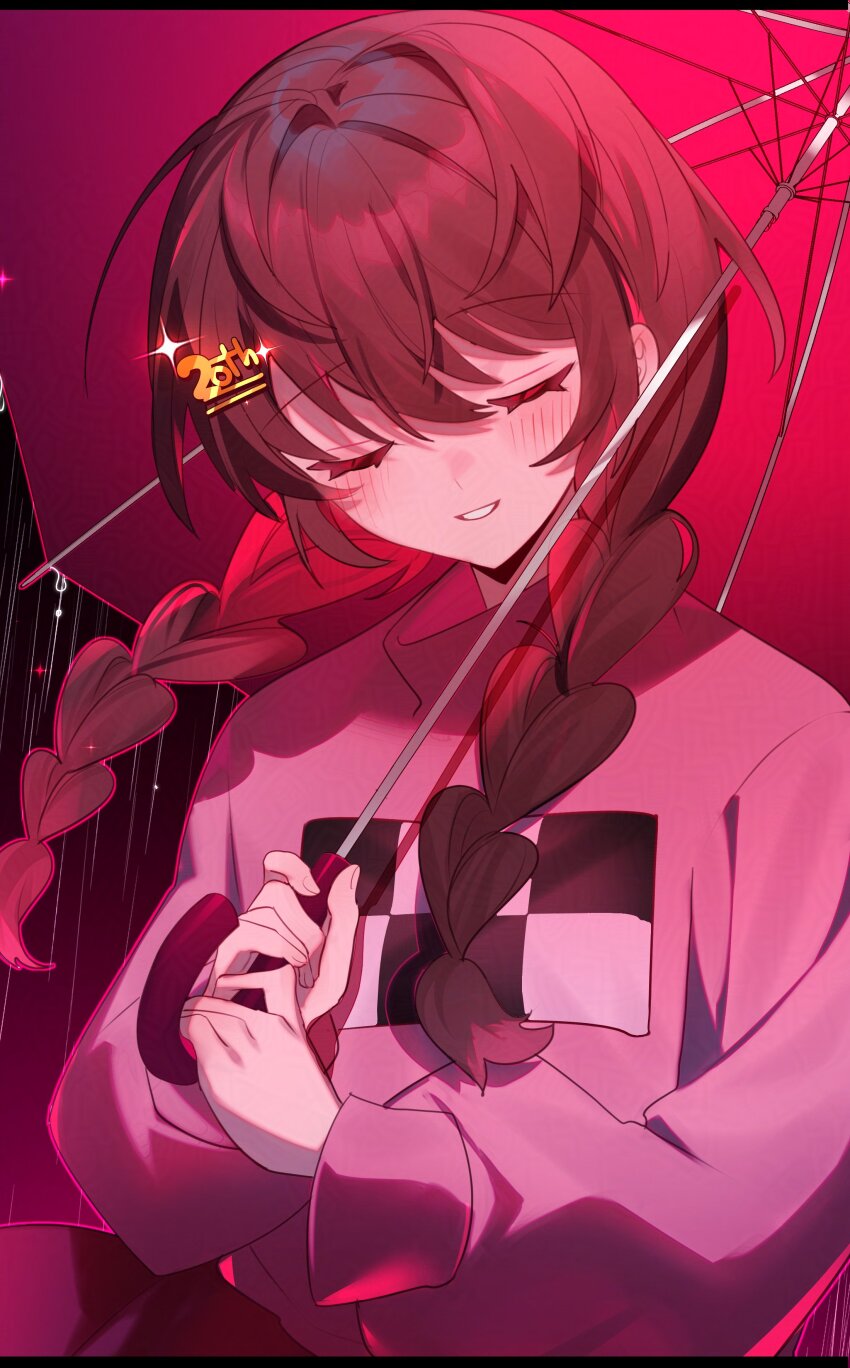 1girl, absurdres, anniversary, aya_(aya_op10s), blush, braid, brown_hair, closed_eyes, commentary_request, gradient_sky, highres, holding, holding_umbrella, long_sleeves, madotsuki, pink_sky, pink_sweater, pink_theme, print_sweater, rain, sky, smile, solo, sweater, twin_braids, umbrella, upper_body, yume_nikki